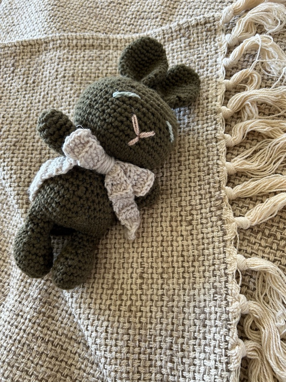 Handmade Olive Green Crochet Bunny with Grey Scarf
